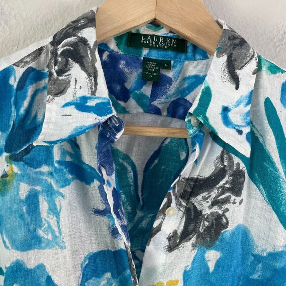 Lauren Ralph Lauren Womens Large Petite 100% Linen Floral Button Up Shirt Blouse - Picture 7 of 9